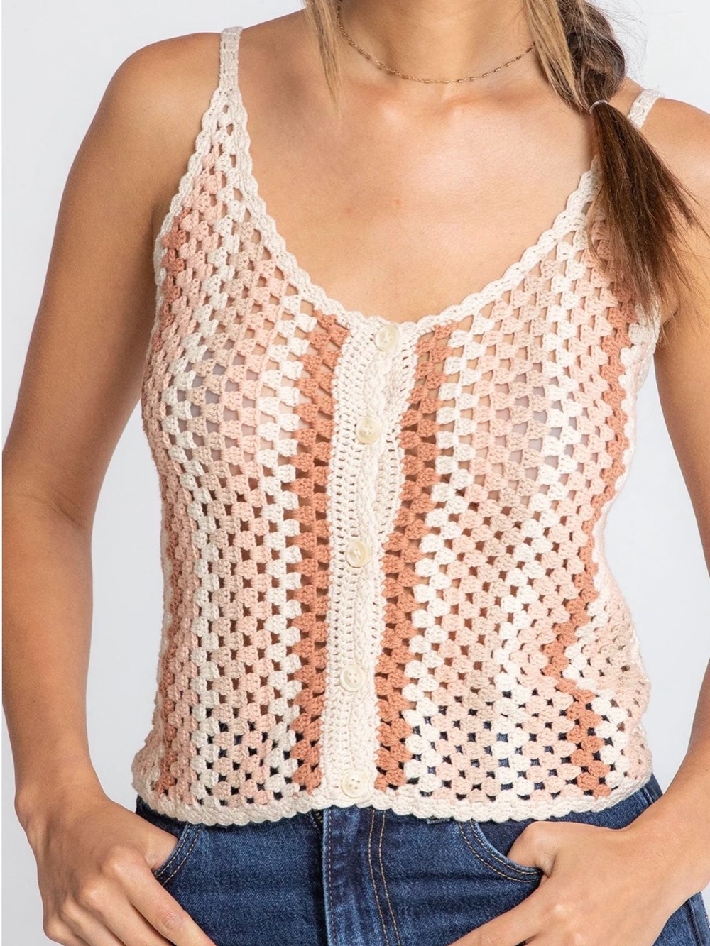 Lovestitch Loretta Knit Cami Tank Crochet Button-Front Cropped Fit Hippie Small